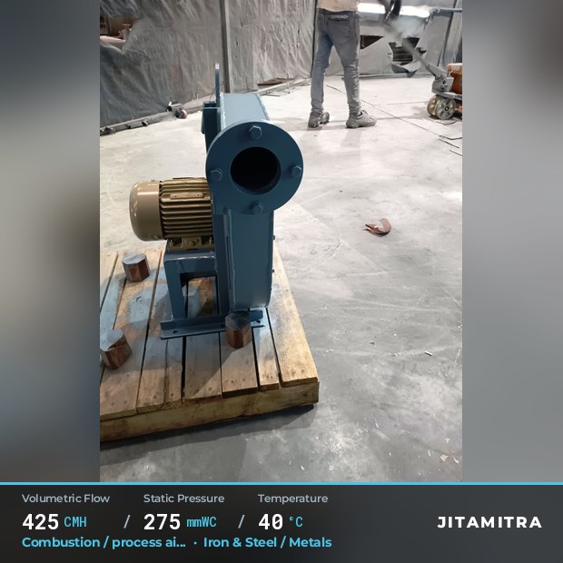 Backward-curved fan built by Jitamitra for combustion and process air, 425 CMH at 275 mmWC and 40 °C