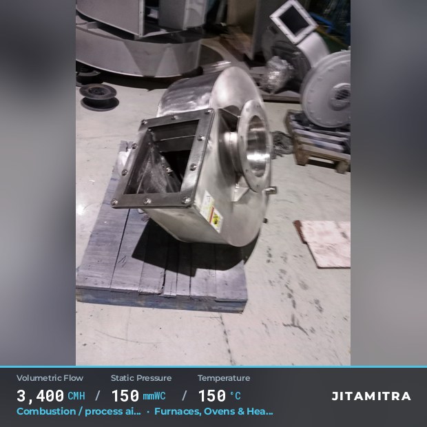 Backward-curved fan built by Jitamitra for combustion and process air, 3,400 CMH at 150 mmWC and 150 °C