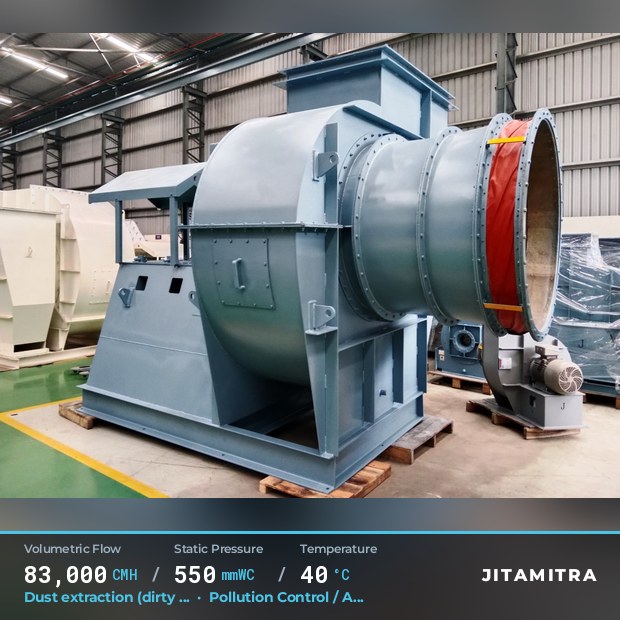 Backward-curved fan built by Jitamitra for dust extraction in pollution control OEMs, 83,000 CMH at 550 mmWC and 40 °C