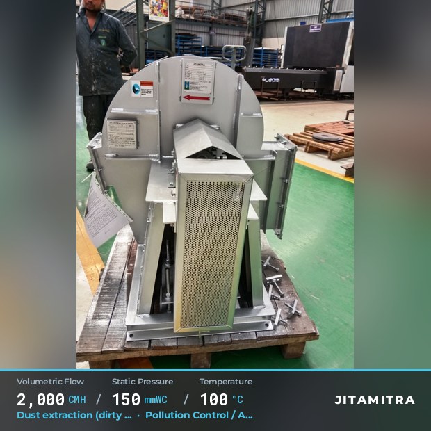 Backward-curved fan built by Jitamitra for dust extraction in pollution control OEMs, 2,000 CMH at 150 mmWC and 100 °C