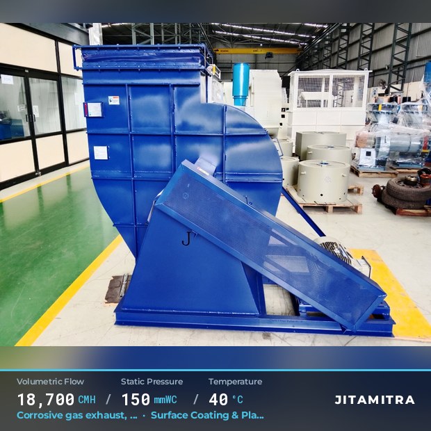 Backward-curved fan built by Jitamitra for corrosive gas exhaust, 18,700 CMH at 150 mmWC and 40 °C