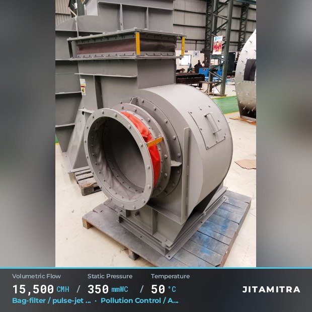 Backward-curved fan built by Jitamitra for bag-filter draught in pollution control OEMs, 15,500 CMH at 350 mmWC and 50 °C