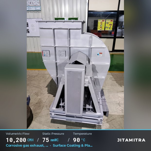 Backward-curved fan built by Jitamitra for corrosive gas exhaust, 10,200 CMH at 75 mmWC and 90 °C
