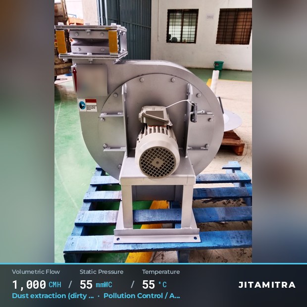 Backward-curved fan built by Jitamitra for dust extraction in pollution control OEMs, 1,000 CMH at 55 mmWC and 55 °C
