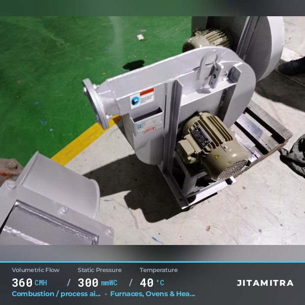 Backward-curved fan built by Jitamitra for combustion and process air, 360 CMH at 300 mmWC and 40 °C