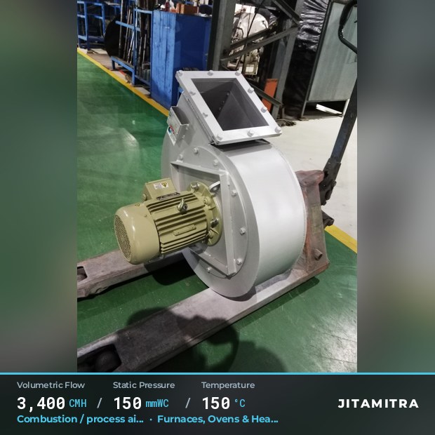 Backward-curved fan built by Jitamitra for combustion and process air, 3,400 CMH at 150 mmWC and 150 °C