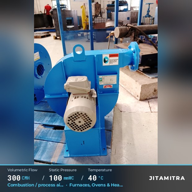 Backward-curved fan built by Jitamitra for combustion and process air, 300 CMH at 100 mmWC and 40 °C