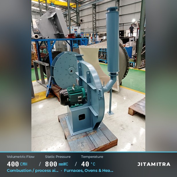 Backward-curved fan built by Jitamitra for combustion and process air, 400 CMH at 800 mmWC and 40 °C