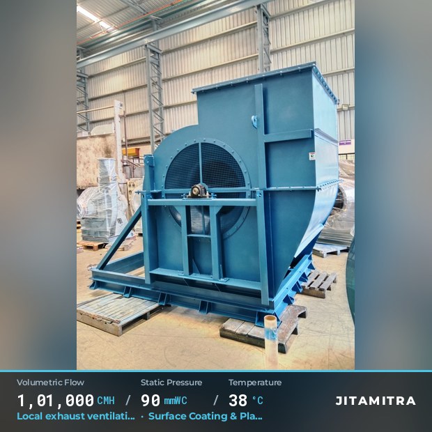 Backward-curved fan built by Jitamitra for local exhaust ventilation, 1,01,000 CMH at 90 mmWC and 38 °C