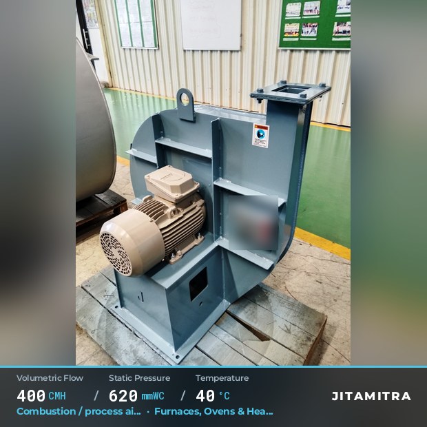 Backward-curved fan built by Jitamitra for combustion and process air, 400 CMH at 620 mmWC and 40 °C