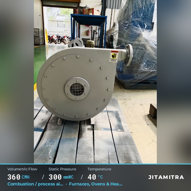 Backward-curved fan built by Jitamitra for combustion and process air, 360 CMH at 300 mmWC and 40 °C