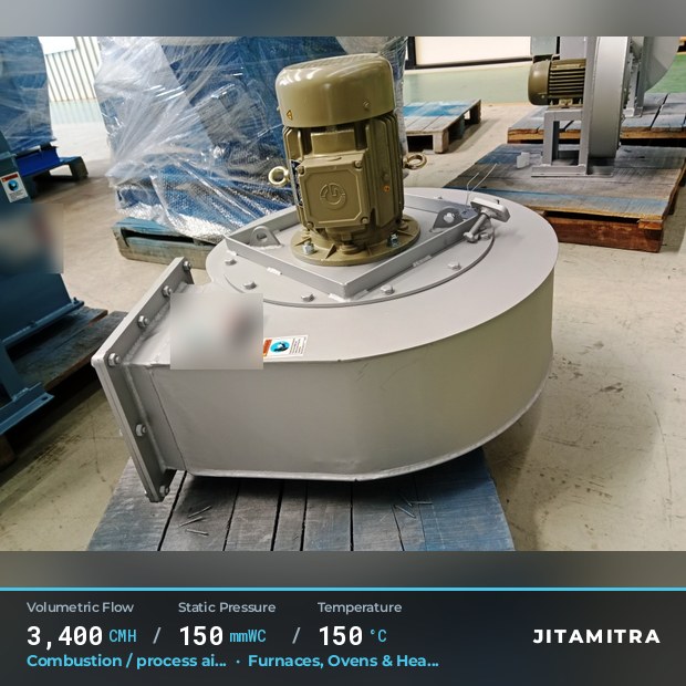 Backward-curved fan built by Jitamitra for combustion and process air, 3,400 CMH at 150 mmWC and 150 °C