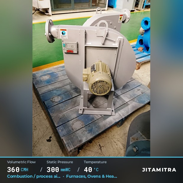 Backward-curved fan built by Jitamitra for combustion and process air, 360 CMH at 300 mmWC and 40 °C