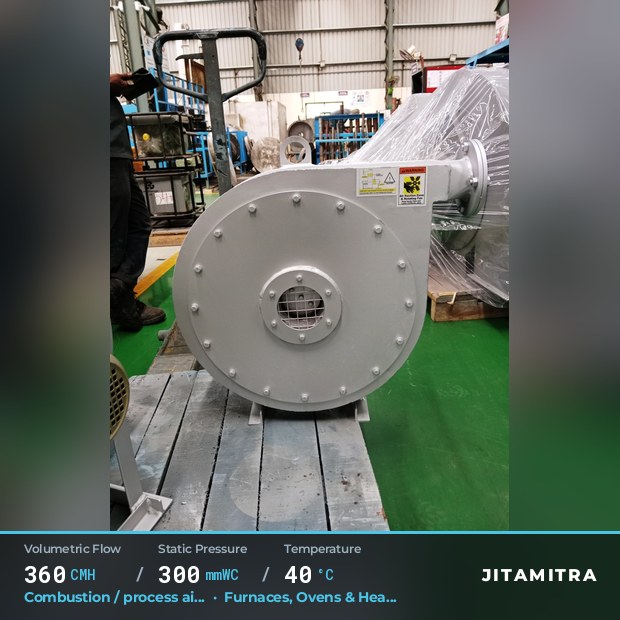 Backward-curved fan built by Jitamitra for combustion and process air, 360 CMH at 300 mmWC and 40 °C