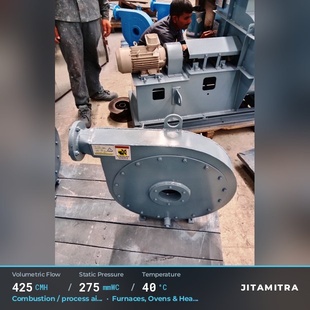 Backward-curved fan built by Jitamitra for combustion and process air, 425 CMH at 275 mmWC and 40 °C