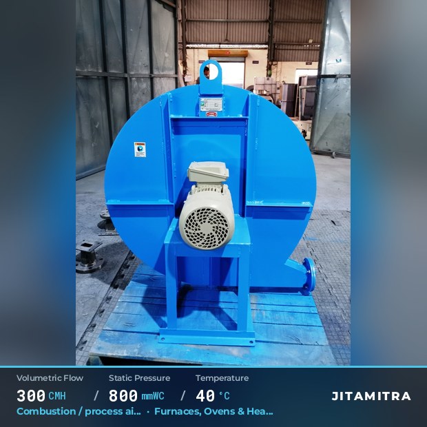 Backward-curved fan built by Jitamitra for combustion and process air, 300 CMH at 800 mmWC and 40 °C