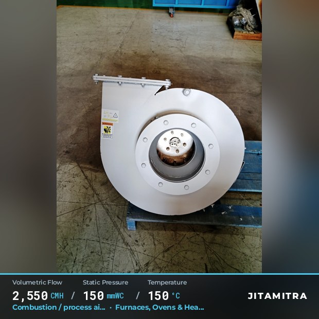 Backward-curved fan built by Jitamitra for combustion and process air, 2,550 CMH at 150 mmWC and 150 °C
