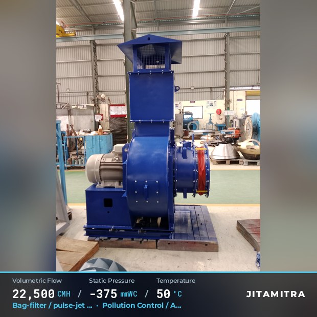 Backward-curved fan built by Jitamitra for bag-filter draught in pollution control OEMs, 22,500 CMH at 375 mmWC and 50 °C