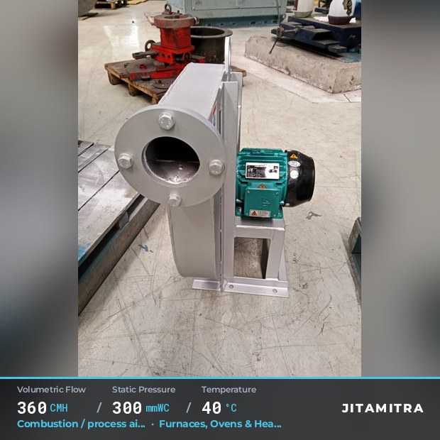 Backward-curved fan built by Jitamitra for combustion and process air, 360 CMH at 300 mmWC and 40 °C