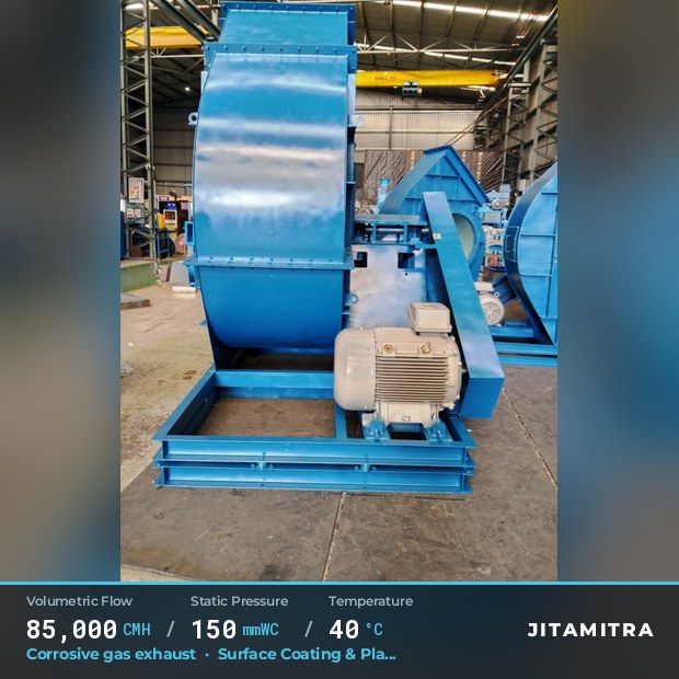 Backward-curved fan built by Jitamitra for corrosive gas exhaust, 85,000 CMH at 150 mmWC and 40 °C