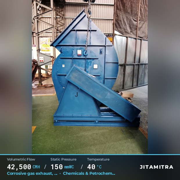Backward-curved fan built by Jitamitra for corrosive gas exhaust, 42,500 CMH at 150 mmWC and 40 °C