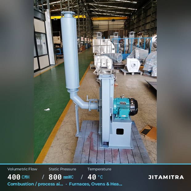 Backward-curved fan built by Jitamitra for combustion and process air, 400 CMH at 800 mmWC and 40 °C