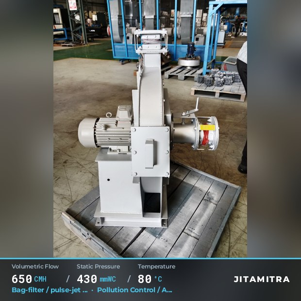 Backward-curved fan built by Jitamitra for bag-filter draught in pollution control OEMs, 650 CMH at 430 mmWC and 80 °C