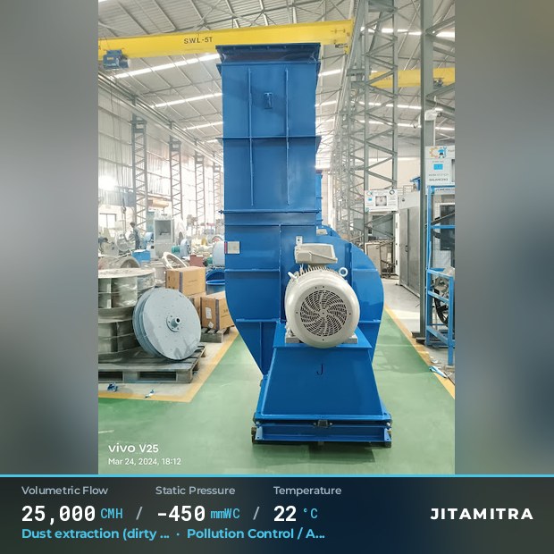 Backward-curved fan built by Jitamitra for dust extraction in pollution control OEMs, 25,000 CMH at 450 mmWC and 22 °C