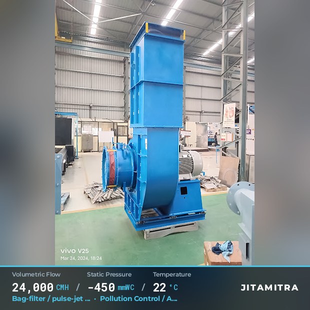 Backward-curved fan built by Jitamitra for bag-filter draught in pollution control OEMs, 24,000 CMH at 450 mmWC and 22 °C