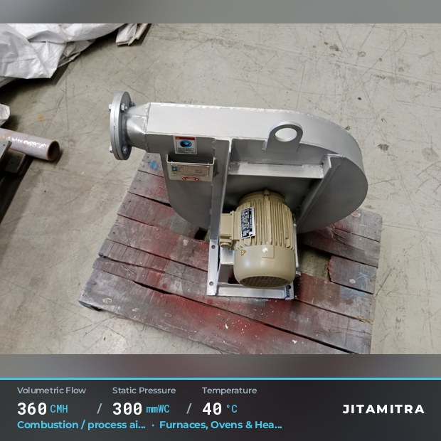 Backward-curved fan built by Jitamitra for combustion and process air, 360 CMH at 300 mmWC and 40 °C