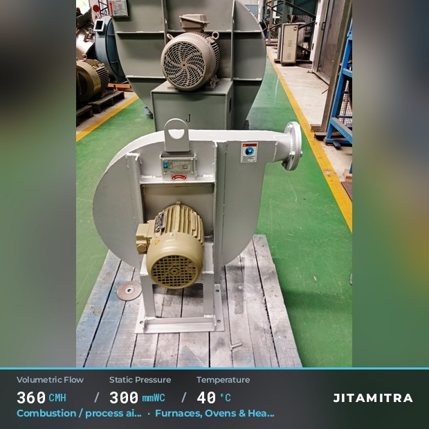 Backward-curved fan built by Jitamitra for combustion and process air, 360 CMH at 300 mmWC and 40 °C