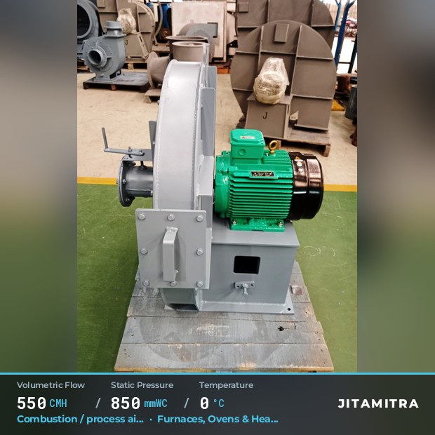 Backward-curved fan built by Jitamitra for combustion and process air, 550 CMH at 850 mmWC
