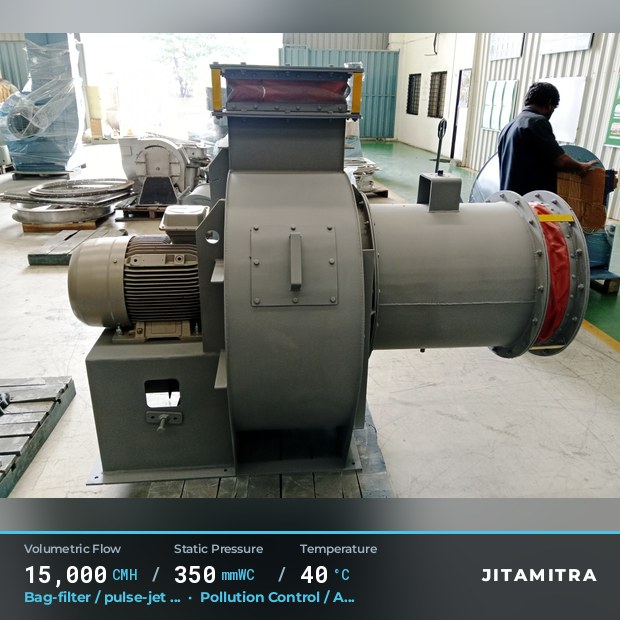 Backward-curved fan built by Jitamitra for bag-filter draught in pollution control OEMs, 15,000 CMH at 350 mmWC and 40 °C