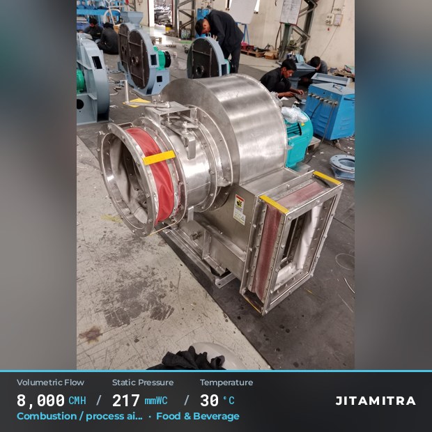 Backward-curved fan built by Jitamitra for combustion and process air, 8,000 CMH at 217 mmWC and 30 °C