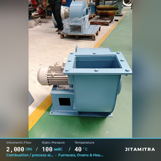 Backward-curved fan built by Jitamitra for combustion and process air, 2,000 CMH at 100 mmWC and 40 °C