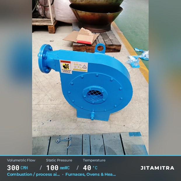 Backward-curved fan built by Jitamitra for combustion and process air, 300 CMH at 100 mmWC and 40 °C