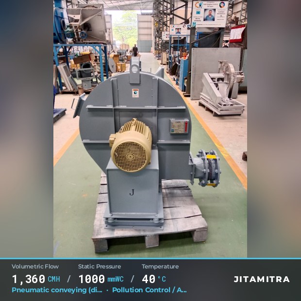 Backward-curved fan built by Jitamitra for pneumatic conveying in pollution control OEMs, 1,360 CMH at 1,000 mmWC and 40 °C