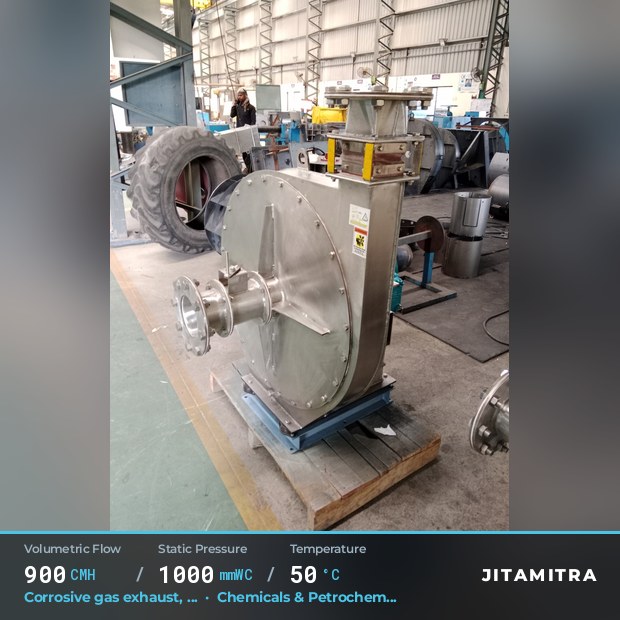 Backward-curved fan built by Jitamitra for corrosive gas exhaust, 900 CMH at 1,000 mmWC and 50 °C