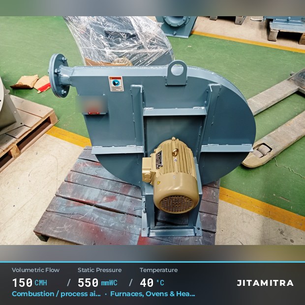 Backward-curved fan built by Jitamitra for combustion and process air, 150 CMH at 550 mmWC and 40 °C