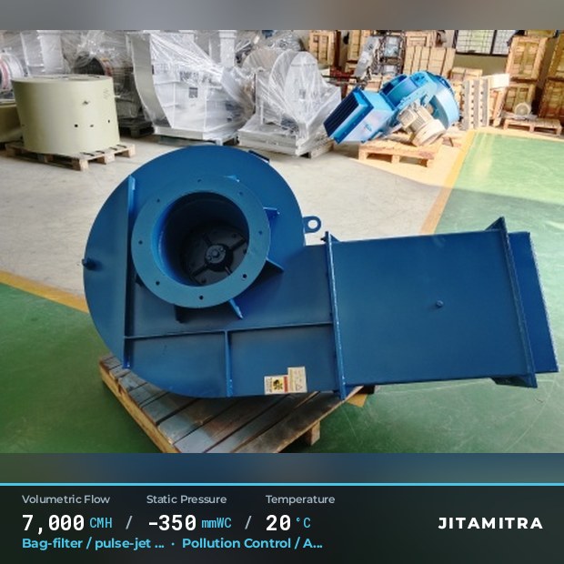 Backward-curved fan built by Jitamitra for bag-filter draught in pollution control OEMs, 7,000 CMH at 350 mmWC and 20 °C