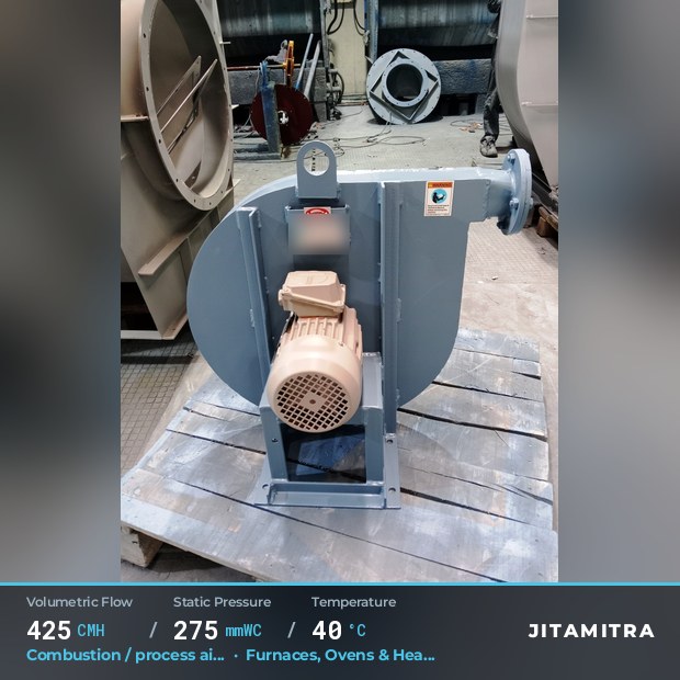 Backward-curved fan built by Jitamitra for combustion and process air, 425 CMH at 275 mmWC and 40 °C