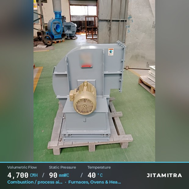 Backward-curved fan built by Jitamitra for combustion and process air, 4,700 CMH at 90 mmWC and 40 °C