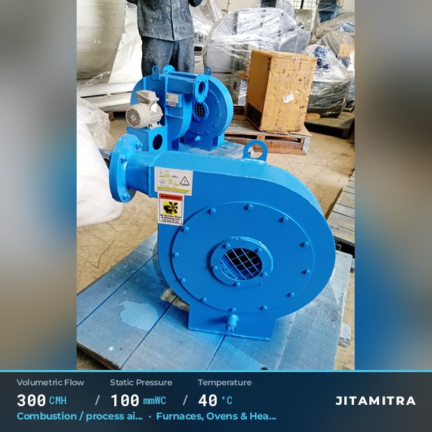 Backward-curved fan built by Jitamitra for combustion and process air, 300 CMH at 100 mmWC and 40 °C
