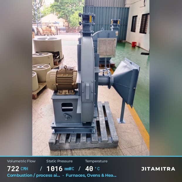 Backward-curved fan built by Jitamitra for combustion and process air, 722 CMH at 1,016 mmWC and 40 °C