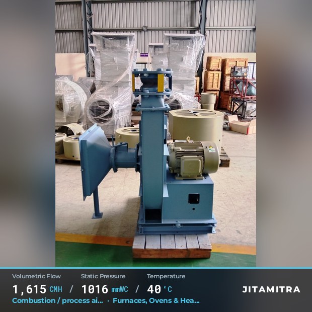 Backward-curved fan built by Jitamitra for combustion and process air, 1,615 CMH at 1,016 mmWC and 40 °C