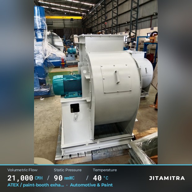 Backward-curved fan built by Jitamitra for ATEX paint-booth exhaust, 21,000 CMH at 90 mmWC and 40 °C