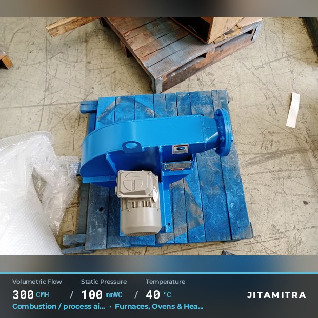 Backward-curved fan built by Jitamitra for combustion and process air, 300 CMH at 100 mmWC and 40 °C