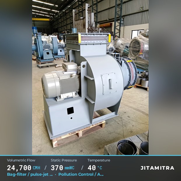 Backward-curved fan built by Jitamitra for bag-filter draught in pollution control OEMs, 24,700 CMH at 370 mmWC and 40 °C