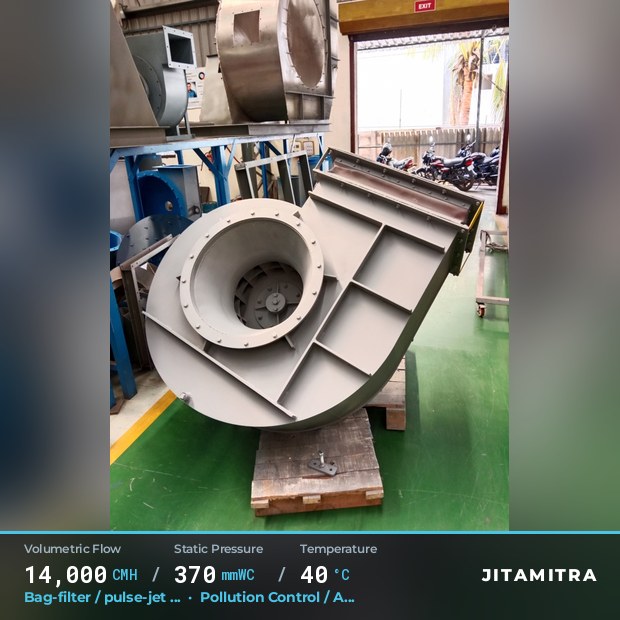 Backward-curved fan built by Jitamitra for bag-filter draught in pollution control OEMs, 14,000 CMH at 370 mmWC and 40 °C