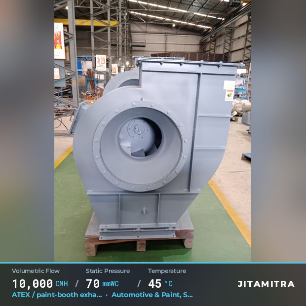 Backward-curved fan built by Jitamitra for ATEX paint-booth exhaust, 10,000 CMH at 70 mmWC and 45 °C